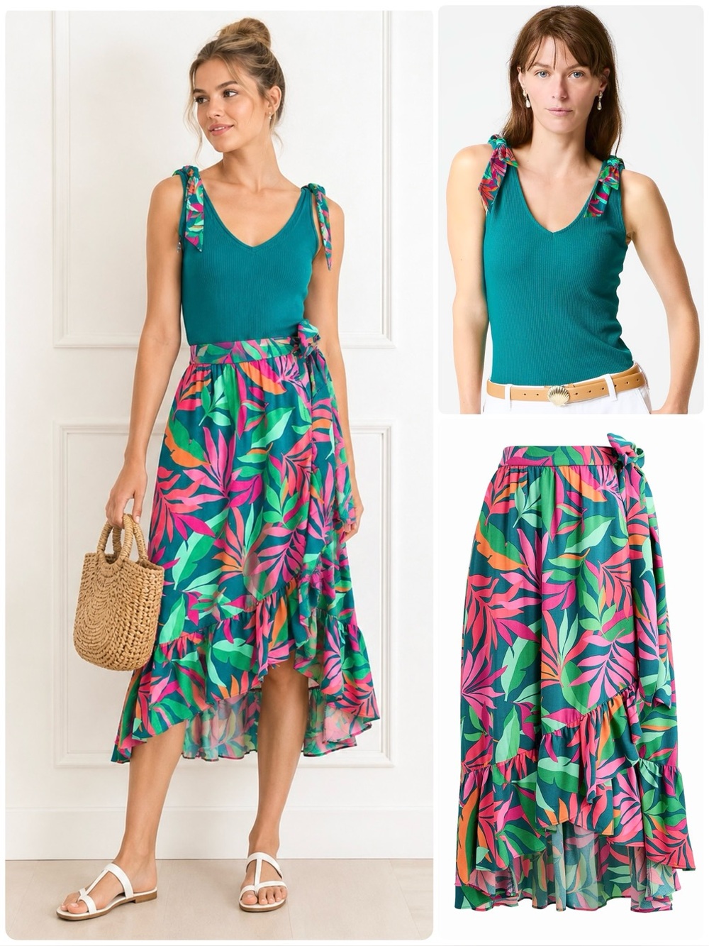 J. Crew Matching Set Wrap Skirt & Ribbed Tank Top Tropical Prin Skirt & Teal Top